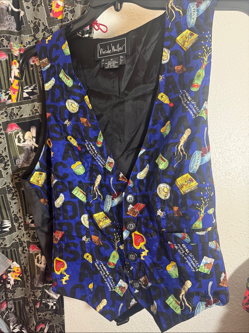 Vintage 90s Nicole Miller Silk M Aphrodisiac Caviar  Theme Vest 1993